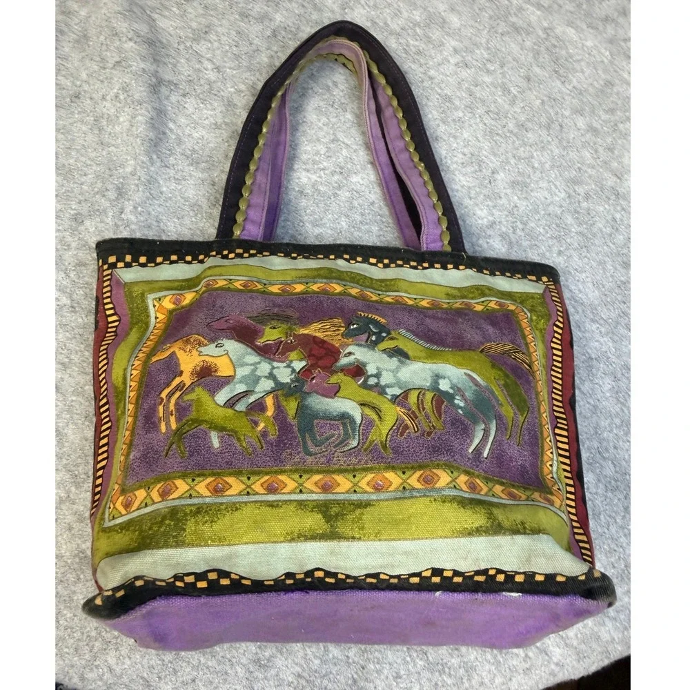 Laurel Burch Wild Horse Canvas Tote Bag Purple Green‎ Shoulder Bag Coins *READ*